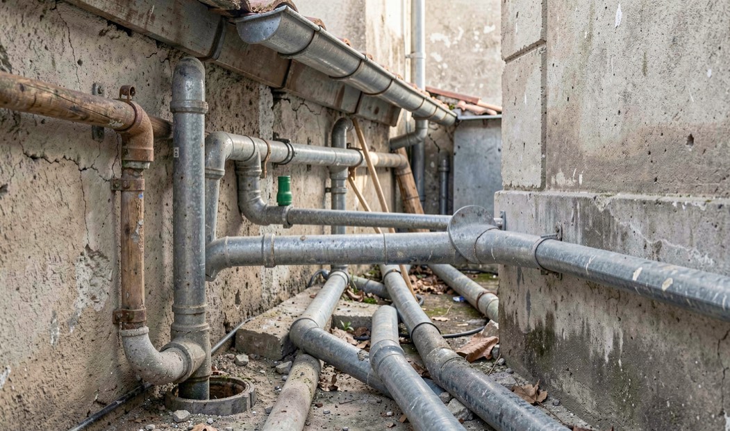 Detalle documental de una instalación de saneamiento relacionada con desatasco de canalones y desagües, con materiales reales, luz natural y sin marcas.