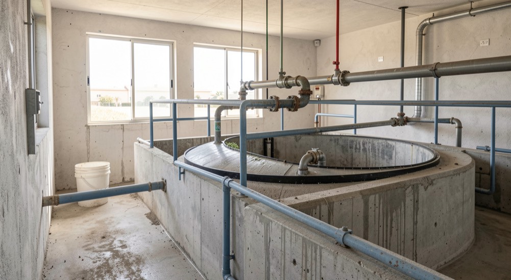 Detalle documental de una instalación de saneamiento relacionada con limpieza de depuradoras en Chiclana, con materiales reales, luz natural y sin marcas.