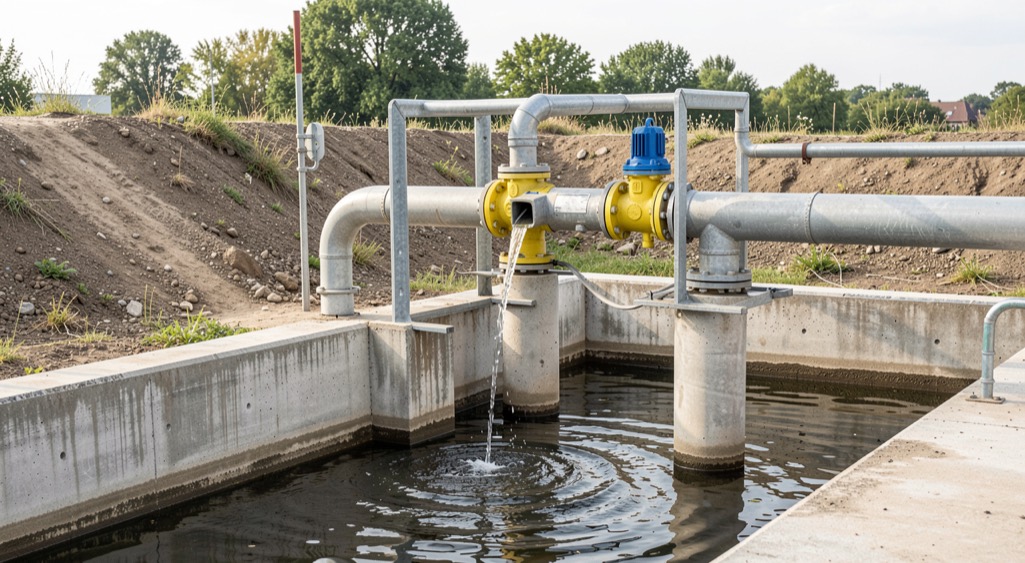 Detalle documental de una instalación de saneamiento relacionada con bombeo y achique de agua, con materiales reales, luz natural y sin marcas.