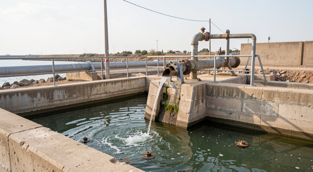 Detalle documental de una instalación de saneamiento relacionada con bombeo de agua en Chiclana, con materiales reales, luz natural y sin marcas.