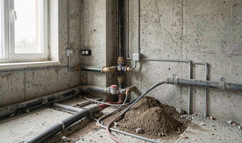 Detalle documental de una instalación de saneamiento relacionada con localización de fugas ocultas, con materiales reales, luz natural y sin marcas.