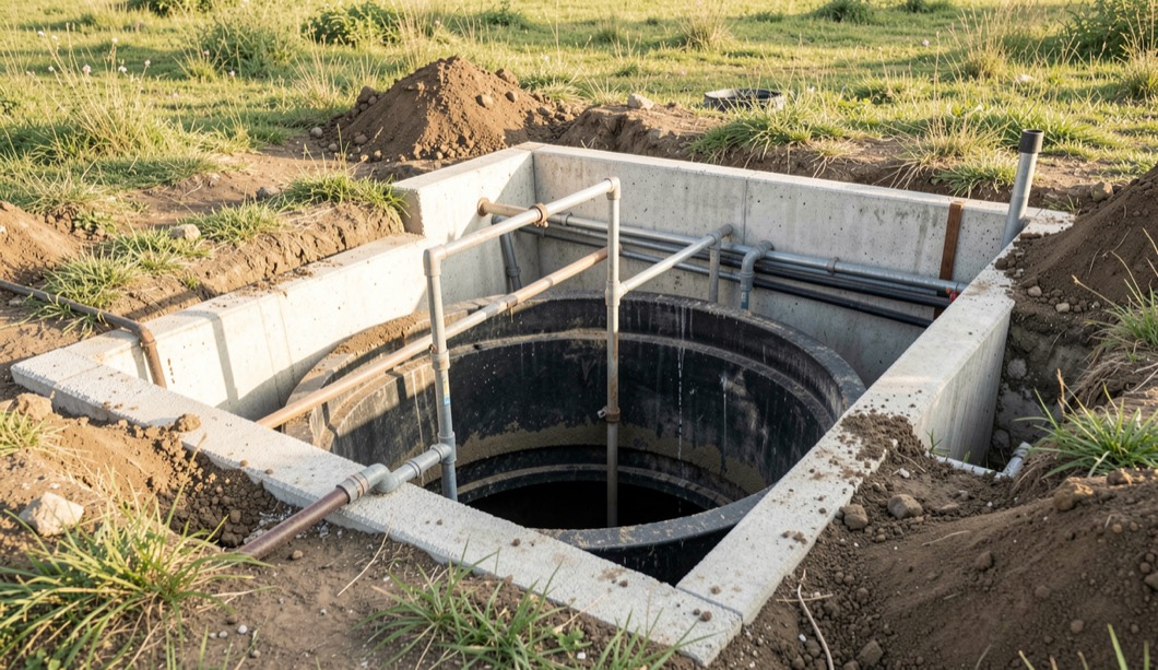 Detalle documental de una instalación de saneamiento relacionada con limpieza de pozos negros, con materiales reales, luz natural y sin marcas.