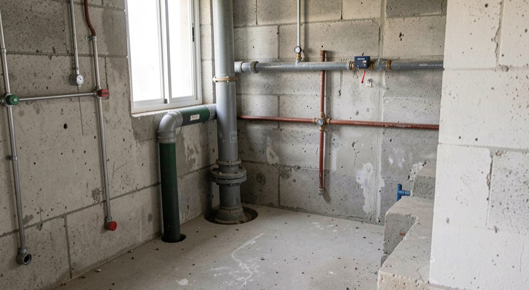 Detalle documental de una instalación de saneamiento relacionada con desatascos en Chiclana, con materiales reales, luz natural y sin marcas.