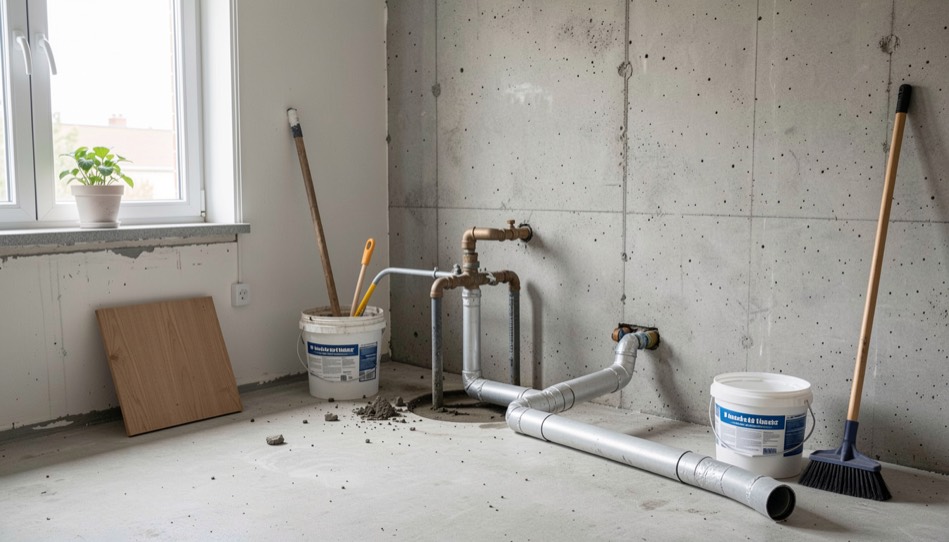 Detalle documental de una instalación de saneamiento relacionada con Luz y agua: seguridad en casa, con materiales reales, luz natural y sin marcas.