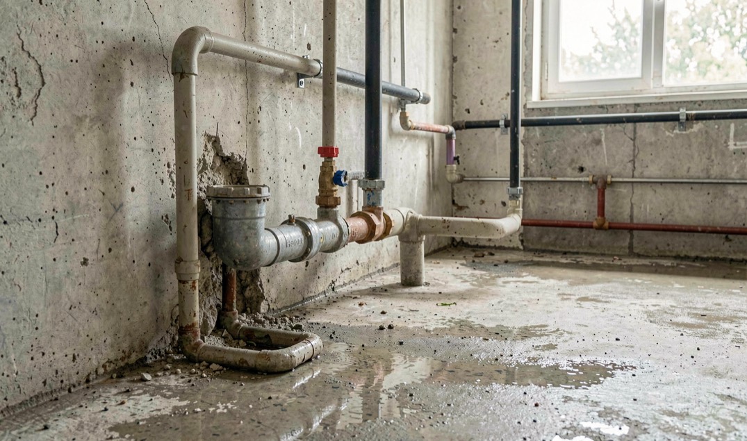 Detalle documental de una instalación de saneamiento relacionada con Electricidad y humedad en casa: cables, tomas y riesgos, con materiales reales, luz natural y sin marcas.