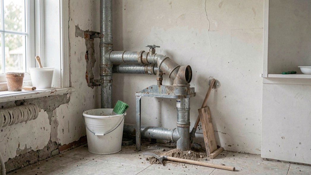 Detalle documental de una instalación de saneamiento relacionada con Agua caliente, sal y vinagre: cuándo no basta, con materiales reales, luz natural y sin marcas.