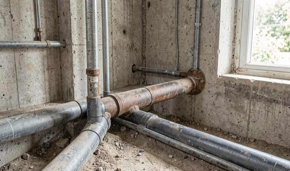 Detalle documental de una instalación de saneamiento relacionada con Humedad en paredes de dentro: qué hacer antes de pintar, con materiales reales, luz natural y sin marcas.