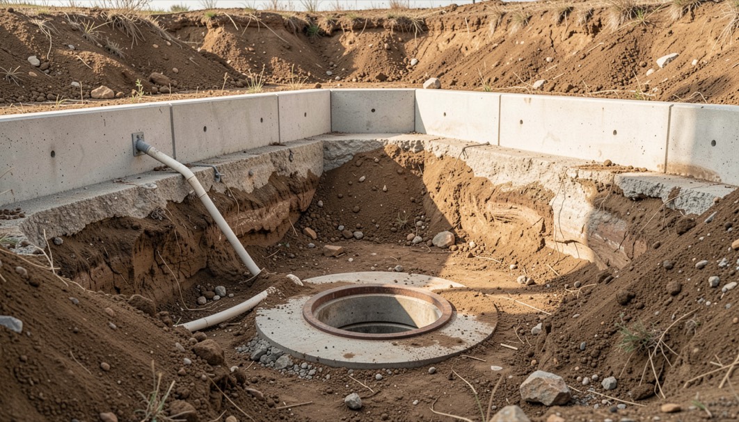 Detalle documental de una instalación de saneamiento relacionada con Raíces, riego y tuberías: el jardín y el agua de casa, con materiales reales, luz natural y sin marcas.