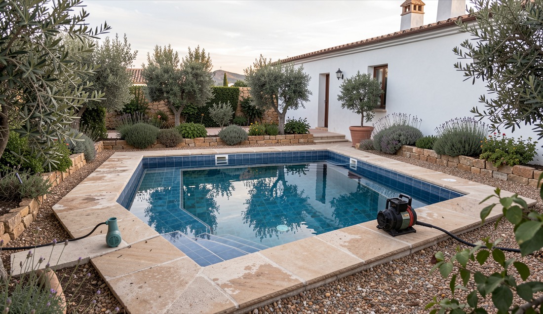 Piscina de un jardín mediterráneo con una bomba sumergible junto al borde y la manguera de salida preparada